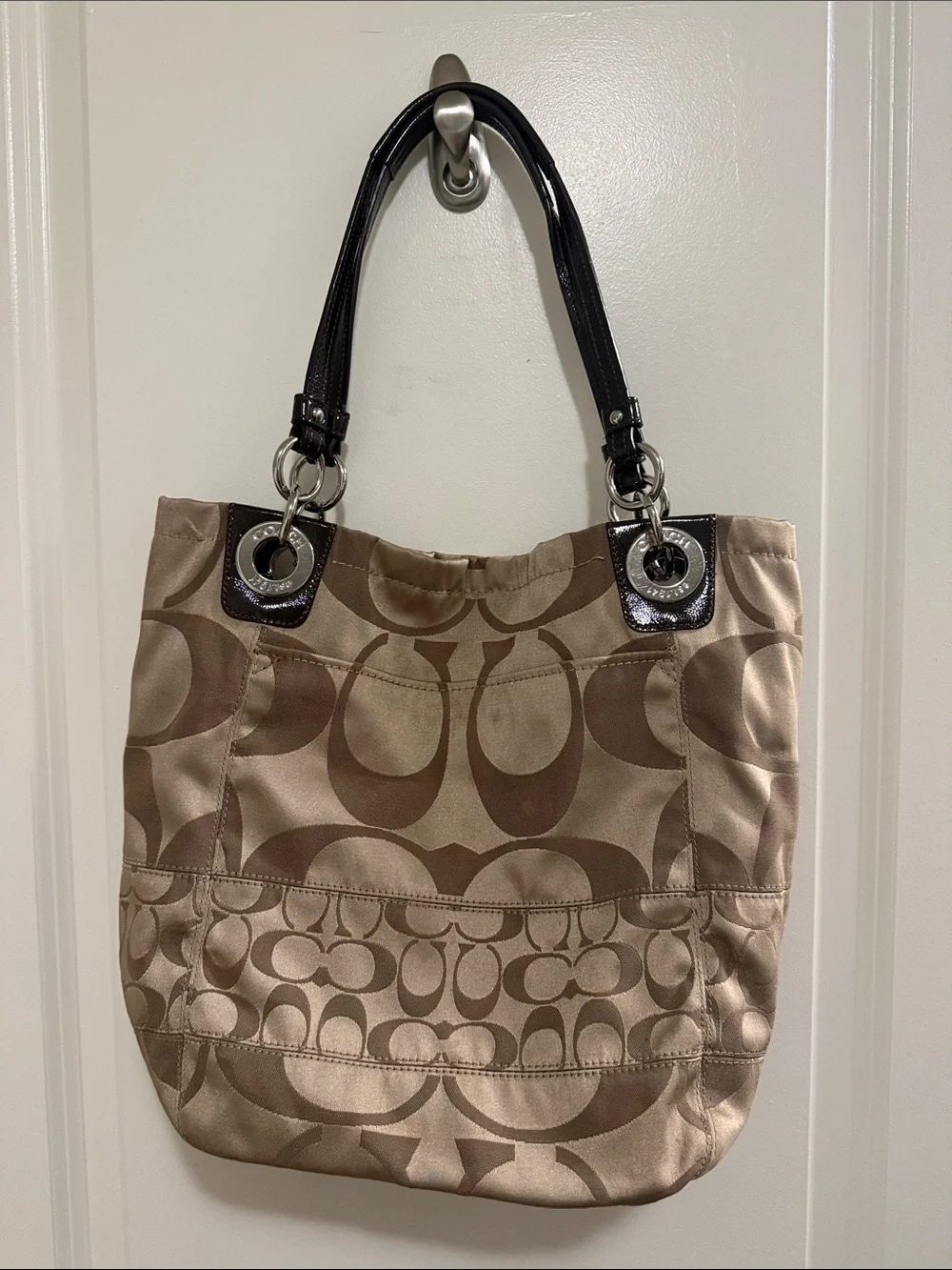 Coach Beige and Brown Signature Tote with Dark Brown Leather Handles